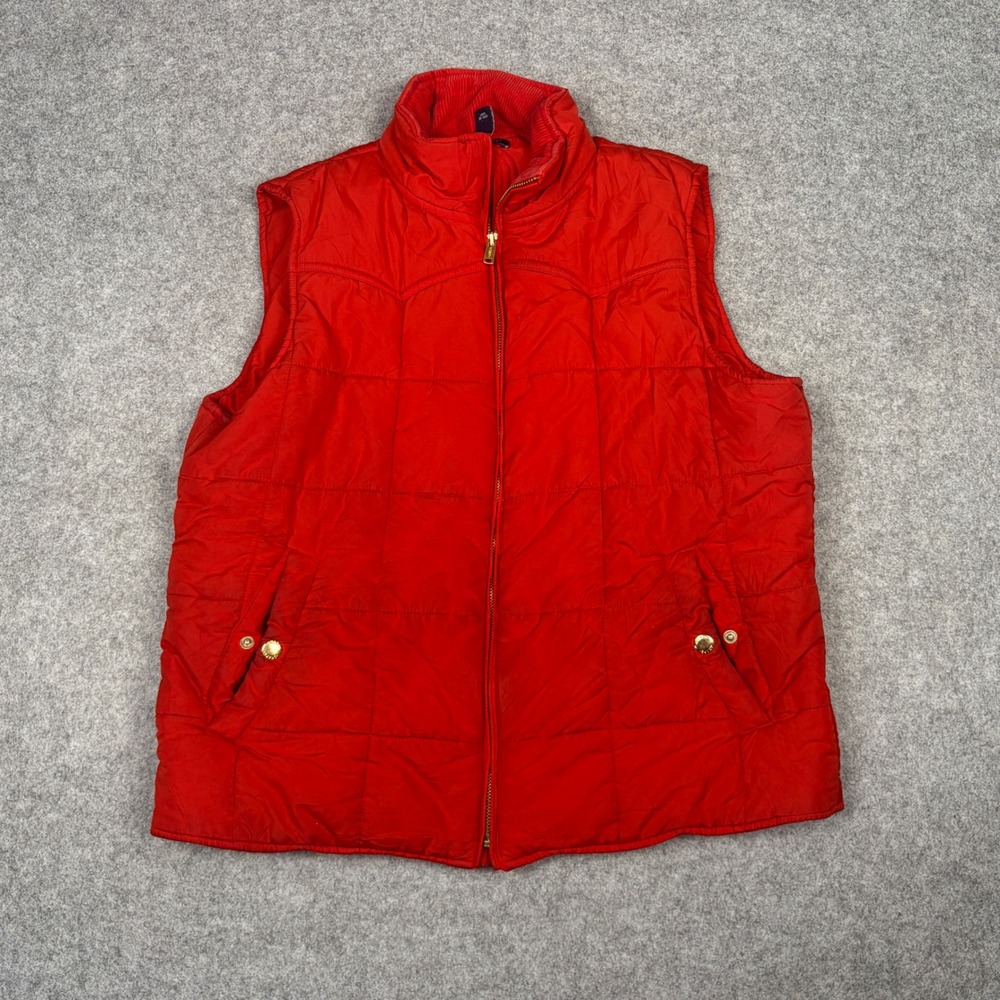 Chaps Red Quilted Puffer Vest Womens Large Corduroy Collar Full Zip Western Yoke